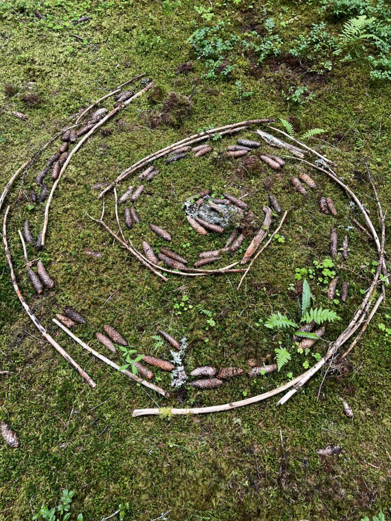 Spirale aus Tannenzapfen und Ästen auf dem Waldboden symbolisiert Stressbewältigung, innere Balance und Loslassen für Frauen in der Lebensmitte.