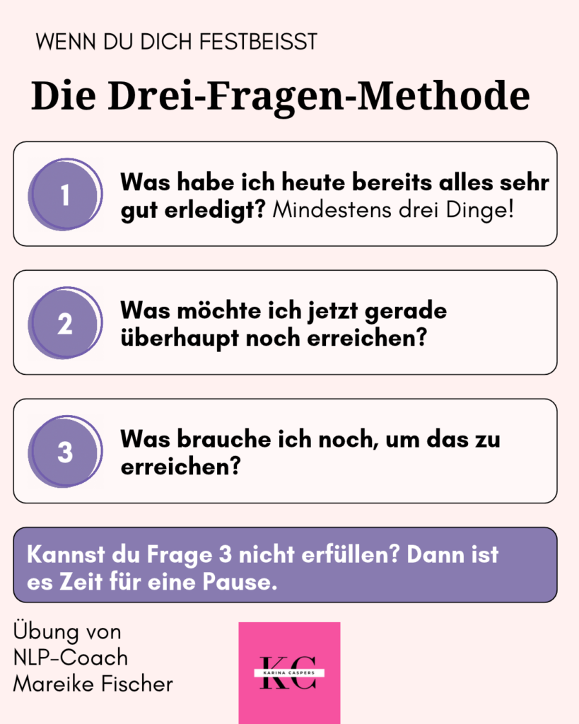 Grafik mit drei Fragen für den Feierabend: Was habe ich heute gut erledigt? Was möchte ich noch erreichen? Was brauche ich dafür?