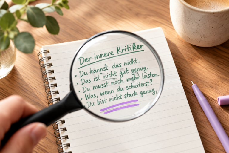 Lupe über einem Spiralblock: vergrößert zu lesen „Der innere Kritiker“ mit Sätzen wie „Du kannst das nicht“